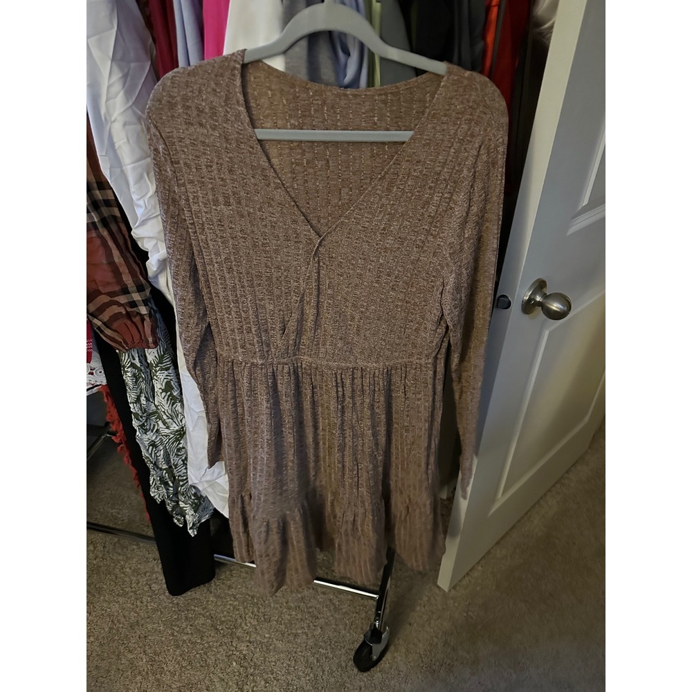 Cupshe Tan Brown Ribbed Knit V-Neck Tiered Ruffle Mini Dress XL - Picture 5 of 7